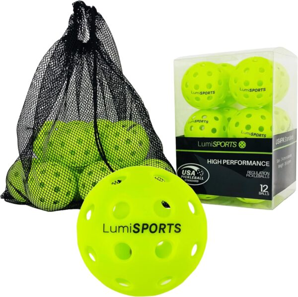 12-Pack Premium Outdoor Pickleball Balls | 40 Holes Fluorescent Green Balls | All-Surface Play | Crack-Resistance | Convenient Drawstring Mesh Bag | USAPA Official Size and Weight