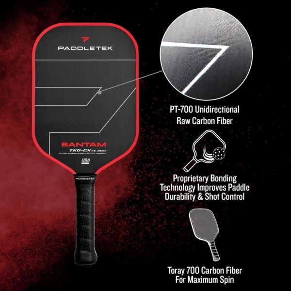 Paddletek Bantam TKO-CX 14.3mm Pickleball Paddles with Polymer Honeycomb Core - Unidirectional Carbon Fiber – Torsional Weighting & High Tack Performance Grip - USAPA Approved - 5.75 Inch Handle
