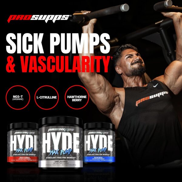 PROSUPPS Mr. Hyde Max Pump Pre Workout Powder - Stim-Free Preworkout Supports Blood Flow, Muscle Volume & Endurance - Caffeine-Free Nitric Oxide Gym & Fitness Supplements (Blue Razz, 20 Servings)