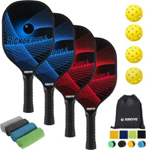 Aihoye Pickleball Paddles Set of 4, Wooden Rackets with Cushion Grip, Indoor & Outdoor, 4 Balls & 1 Carry Bag