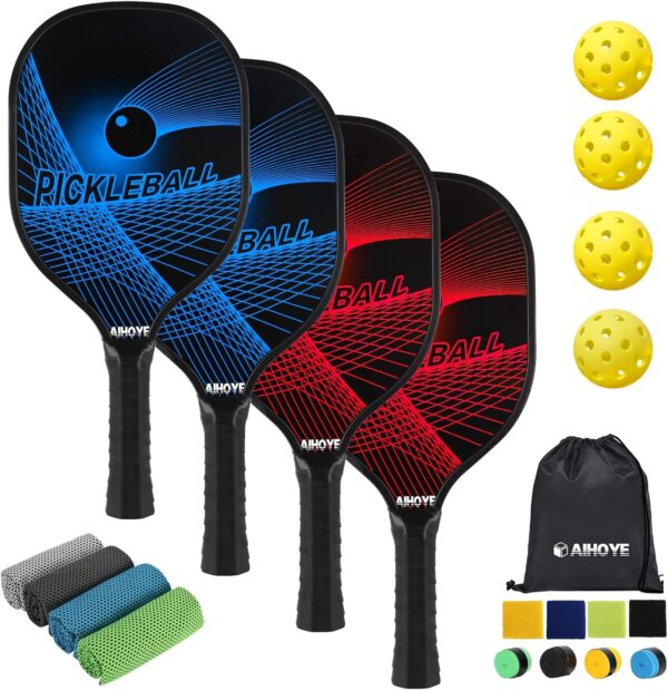 Aihoye Pickleball Paddles Set of 4, Wooden Rackets with Cushion Grip, Indoor & Outdoor, 4 Balls & 1 Carry Bag