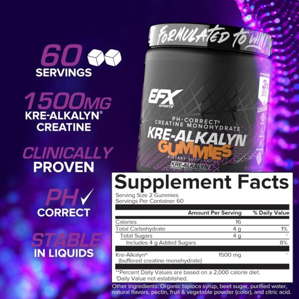 EFX Sports Kre-Alkalyn EFX Gummies | pH Correct Creatine Monohydrate Pill Supplement | Strength, Muscle Growth & Performance | 60 Servings, 120 Gummies - Citrus Blast