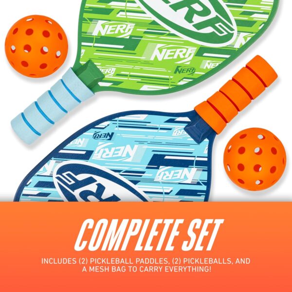 NERF 2 Player Pickleball Paddle Set - Youth Pickleball Equipment Set - (2) Wooden Paddles with Foam Grips + (2) Outdoor Balls for Kids - Carry Bag Included