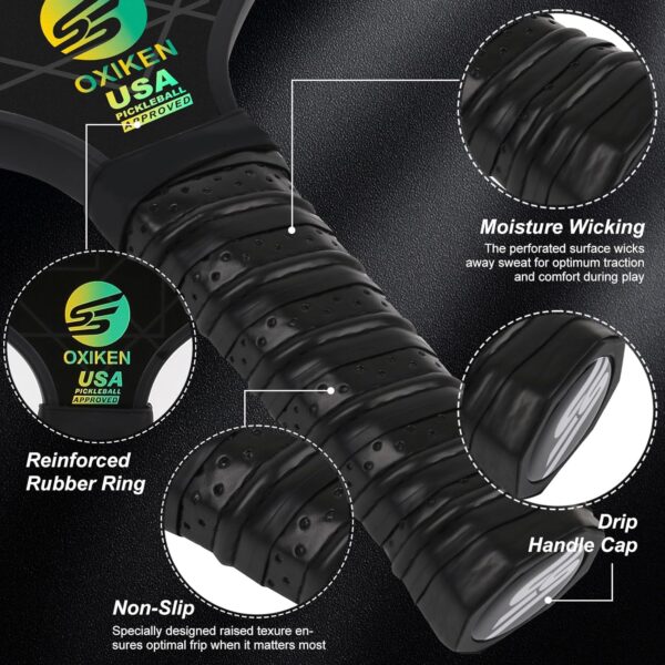 Pickleball Paddles Set of 4, USAPA Approved Carbon Fiber Pickle Ball Paddle (CHS), Polypropylene Honeycomb Core, Anti Slip Sweat Absorbing Grip, 4 Replacement Soft Grip, 6 Pickleball, Bag