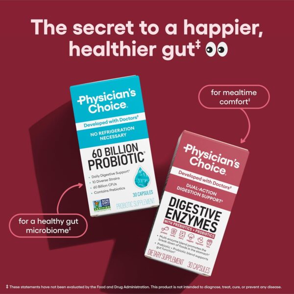 Physician's CHOICE Digestive Enzymes - Multi Enzymes, Organic Prebiotics & Probiotics for Digestive Health & Gut Health - Meal Time Discomfort Relief & Bloating - Dual Action Approach - 60 CT