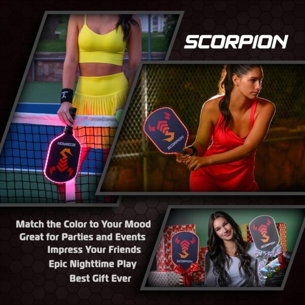 SCORPION LED Pickleball Paddles Set of 2 or 1 – Lightweight Rackets with LED Edge Lighting | Carbon Fiber/Fiberglass/Wood Face | Durable Paddles for Women, Men, and Kids | Includes Bonus Accessories