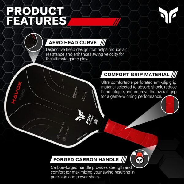 Havok Pro Pickleball Paddle: Carbon Fiber Surface for Enhanced Power, Precision and Maximum Spin - Large Sweet Spot and USAPA Approved - Red
