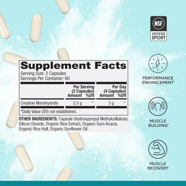 Dr. Mercola Pure Power Creatine Monohydrate, 60 Servings (120 Capsules) 2.5g Per Serving, Dietary Supplement, Strength and Energy, Non-GMO, NSF Certified for Sport, 2 Pack