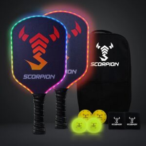 SCORPION LED Pickleball Paddles Set of 2 or 1 – Lightweight Rackets with LED Edge Lighting | Carbon Fiber/Fiberglass/Wood Face | Durable Paddles for Women, Men, and Kids | Includes Bonus Accessories