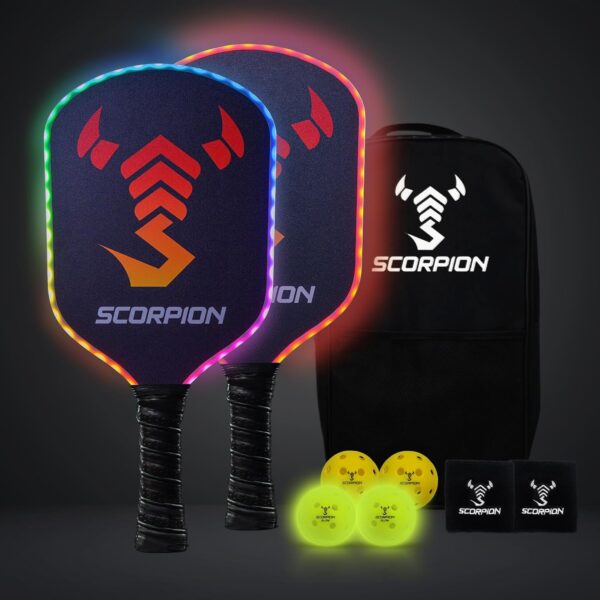 SCORPION LED Pickleball Paddles Set of 2 or 1 – Lightweight Rackets with LED Edge Lighting | Carbon Fiber/Fiberglass/Wood Face | Durable Paddles for Women, Men, and Kids | Includes Bonus Accessories
