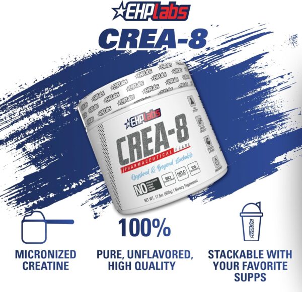 EHP Labs CREA-8 Creatine Monohydrate Powder - Unflavored Creatine Powder for Muscle Growth, Increased Strength, Enhanced Energy Output and Improved Performance - 100 Servings (500g)
