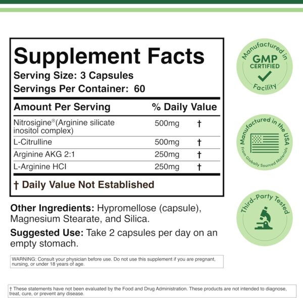 Nitric Oxide Supplement (Stim Free Pre Workout) - Nitric Oxide Booster with Nitrosigine, L Arginine, and L Citrulline (Clinically Studied to Boost No2 Nitric Oxide Flow) 180 Capsules by Double Wood