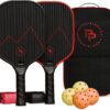 Premium Carbon Fiber Pickleball Paddle- 14mm Pickleball Paddles Set of 2 w/Unique Design Handles & Indoor Outdoor Pickleball Balls - Comfortable Pickleball Paddle Grip, USA Approved