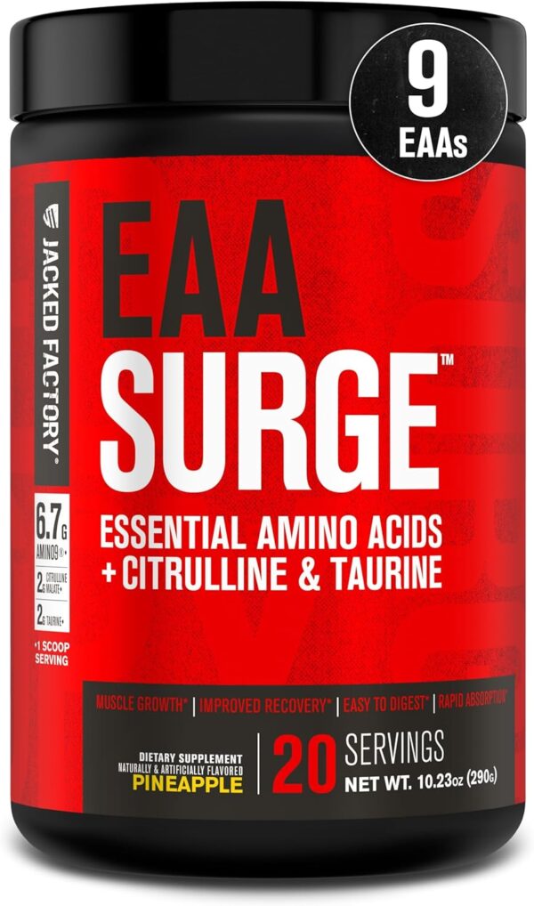 Jacked Factory EAA Surge Essential Amino Acids Powder - EAAS & BCAA Intra Workout Supplement w/L-Citrulline, Taurine, & More for Muscle Building, Strength, Endurance, Recovery - Pineapple, 20sv