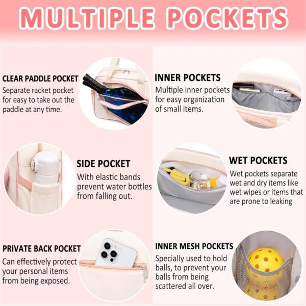 TuErcao Pickleball Bags for Women, Pickleball Gifts Cute Pickleball Paddle Bag for Men Tennis Tote Bag with Fence Hook Accessories