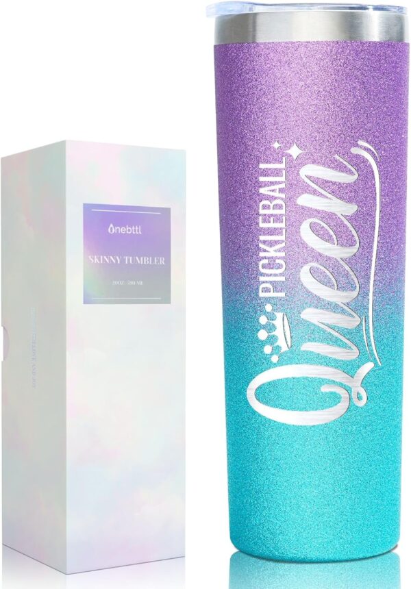 Onebttl Pickleball Gifts for Women, Gifts for Pickleball Lovers, Pickleball Accessories, 20 oz Stainless Steel Skinny Tumbler with Lid, Pickleball Queen (Purple)