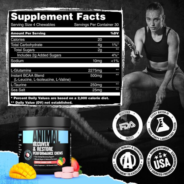 Animal Recovery Chews, Fast Acting Recovery with BCAA, Taurine and Glutamine for Muscle Repair and Hydration - Convenient and Delicious Chews Format
