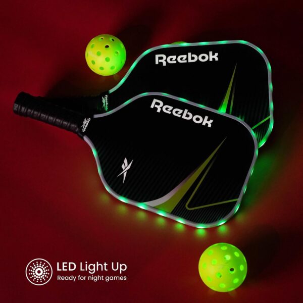 Reebok - LED Pickleball Set for 2, Includes 2 Fiberglass Paddles with 5" Cushion Grip and 2 Light-Up Balls, Perfect for Night Play (Red)
