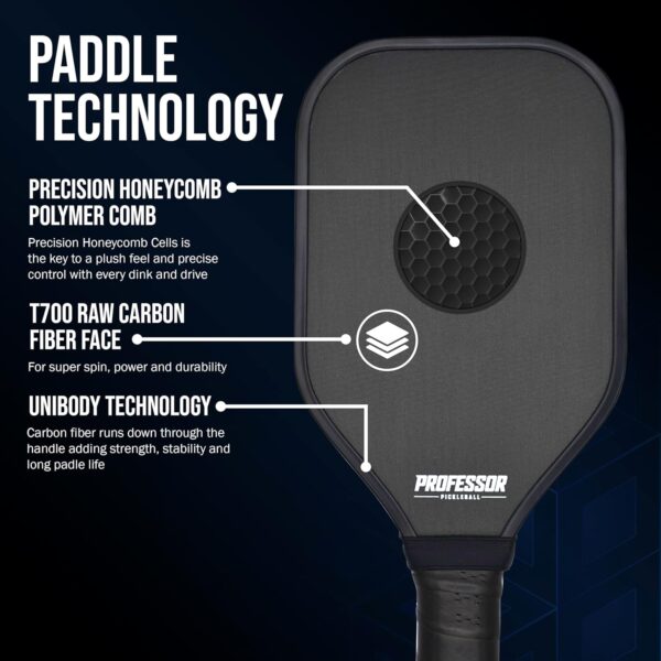 Professor Precision Pickleball Training Paddle - Sweet Spot Enhancement Paddle with Extended Handle - T700 Raw Carbon Fiber Construction, 16MM Core Practice Pickleball Trainer Paddle, Black