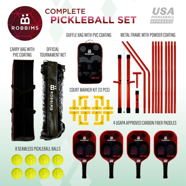Portable Pickleball Set with Net | 4 USAPA Approved Carbon Fiber Paddles, Duffle Bag, Regulation Size Pickleball Net System, Assembly Manual, 8 Outdoor Balls, Court Marker Kit and Carry Bag