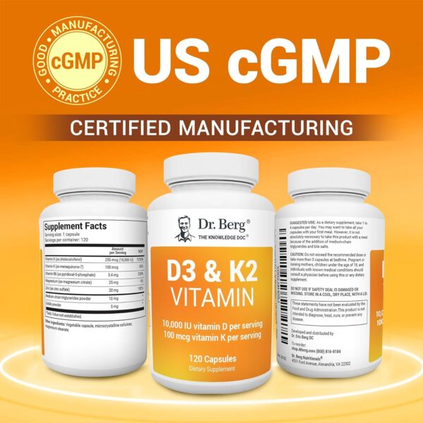 Dr. Berg Vitamin D3 K2 w/MCT Powder - Includes 10,000 IU of Vitamin D3, 100 mcg MK7 Vitamin K2, Purified Bile Salts, Zinc & Magnesium for Ultimate Absorption - K2 D3 Vitamin Supplement - 120 Capsule