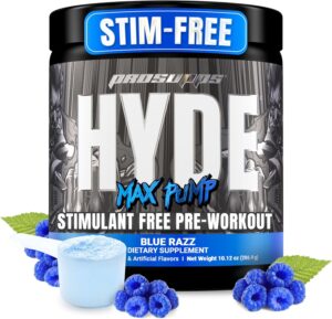 PROSUPPS Mr. Hyde Max Pump Pre Workout Powder - Stim-Free Preworkout Supports Blood Flow, Muscle Volume & Endurance - Caffeine-Free Nitric Oxide Gym & Fitness Supplements (Blue Razz, 20 Servings)