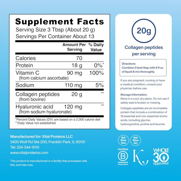 Vital Proteins Collagen Peptides Powder Advanced with Hyaluronic Acid & Vitamin C, Collagen Supplements, Unflavored, 13 Servings