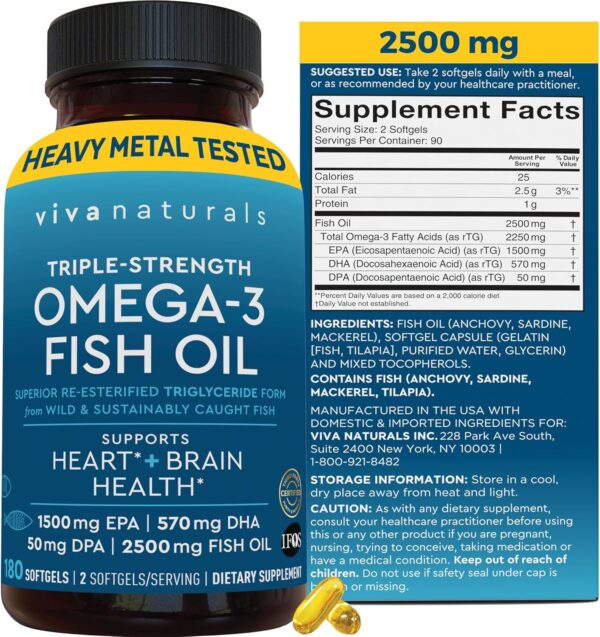 Omega 3 Fish Oil Supplement for Women and Men - 2500 mg Triple Strength Fish Oil Pills with Re-Esterified Omega 3 Fatty Acids including EPA, DHA DPA - 180 Pescatarian-Friendly Softgels