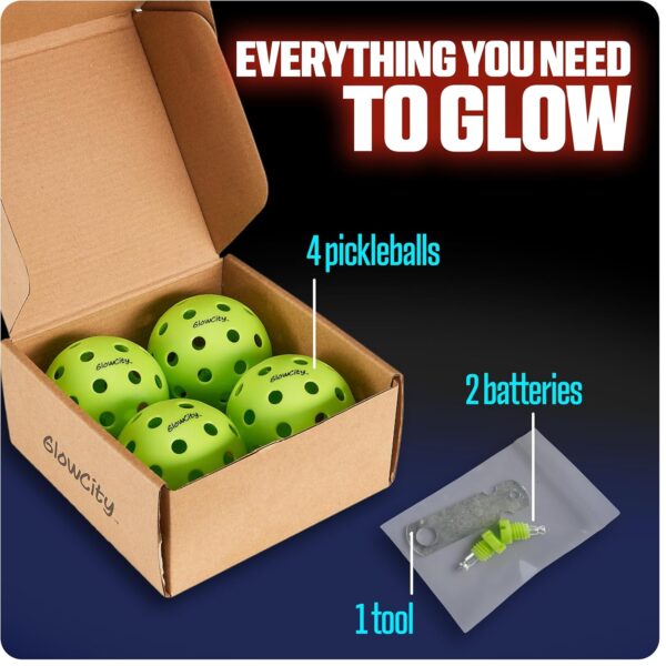 GlowCity LED Pickleball Set: Pack of 4 Glow in The Dark Pickleballs with 20 Hours of Glow Time - Great for Night Time Play