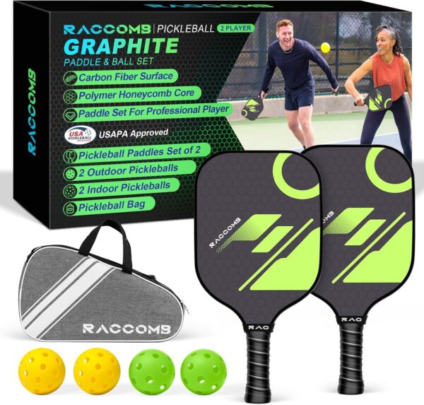 Carbon Fiber Pickleball Paddles - Graphite Pickleball Paddles Set of 2, Polymer Honeycomb Core, 4 Pickleballs, Anti-Slip Sweat-Absorbing Grip, Professioner Paddle Ball Set for Pickleball Players