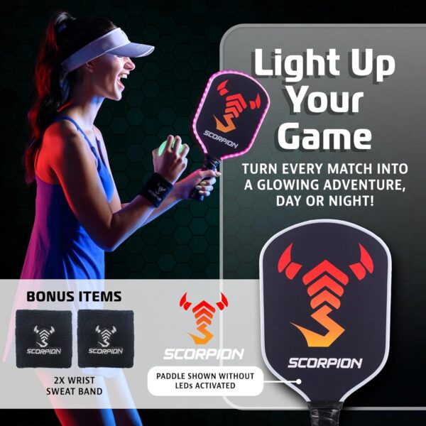 SCORPION LED Pickleball Paddles Set of 2 or 1 – Lightweight Rackets with LED Edge Lighting | Carbon Fiber/Fiberglass/Wood Face | Durable Paddles for Women, Men, and Kids | Includes Bonus Accessories