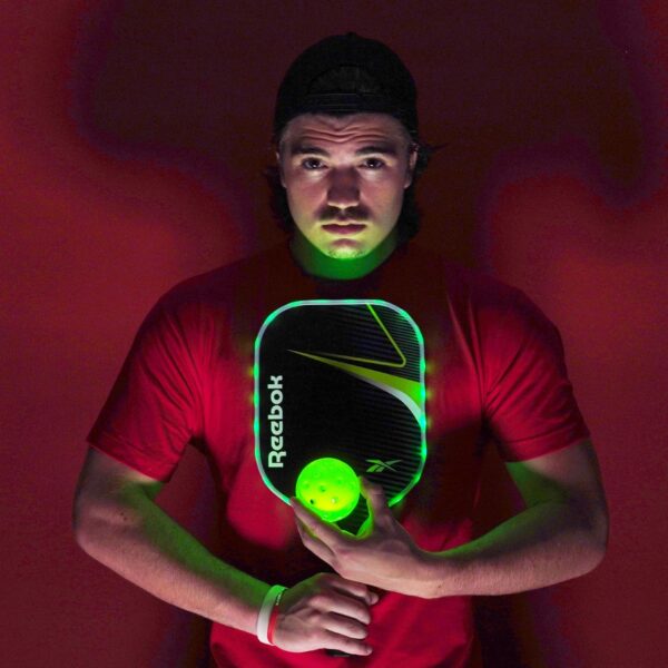 Reebok - LED Pickleball Set for 2, Includes 2 Fiberglass Paddles with 5" Cushion Grip and 2 Light-Up Balls, Perfect for Night Play (Red)