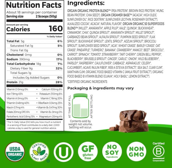 Orgain Organic Vegan Protein + 50 Superfoods Powder, Creamy Chocolate Fudge - 21g Plant Based Protein, 9g Prebiotic Fiber, No Lactose, Gluten Free, No Added Sugar, 2.02 lb (Packaging May Vary)