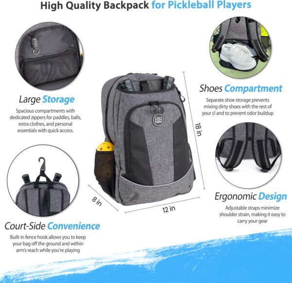 Flight Level Pickleball Backpack - Pickleball Bag for Men and Women - Fits 4 Paddles - Shoe Compartment, Fence Hook, Storage Pockets for Water Bottles, Pickleballs, Clothing, Racquet/Paddle Storage
