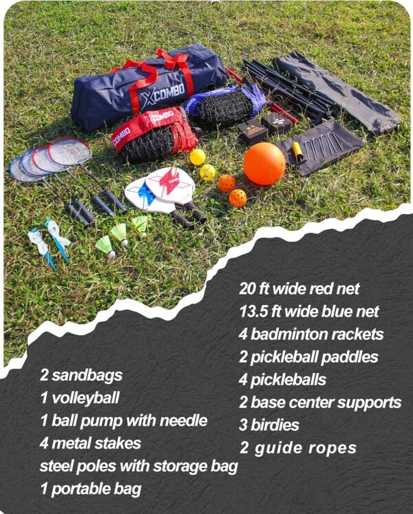 Badminton Sets for Backyards, Kids Volleyball Pickleball Combo Set with Net, Adjustable Width and Height (13.5ft/20ft Width x 7ft max Height) Portable Freestanding Rackets Set