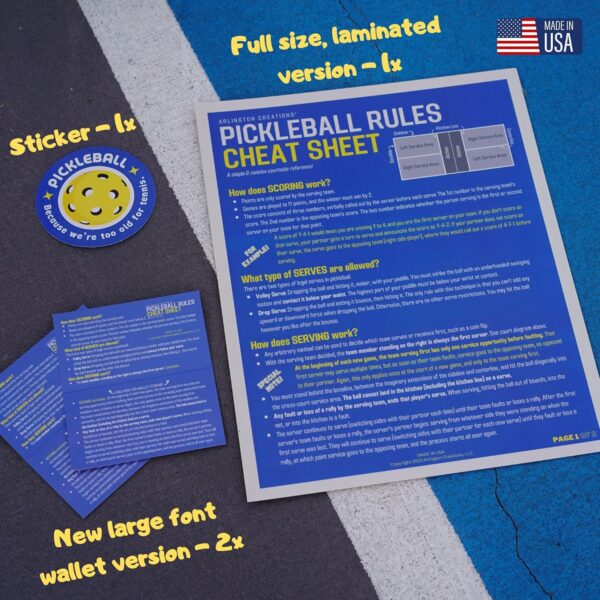 Pickleball Rules Cheat Sheet, The Perfect Courtside Reference, Made in USA, Includes Wallet Size and Sticker