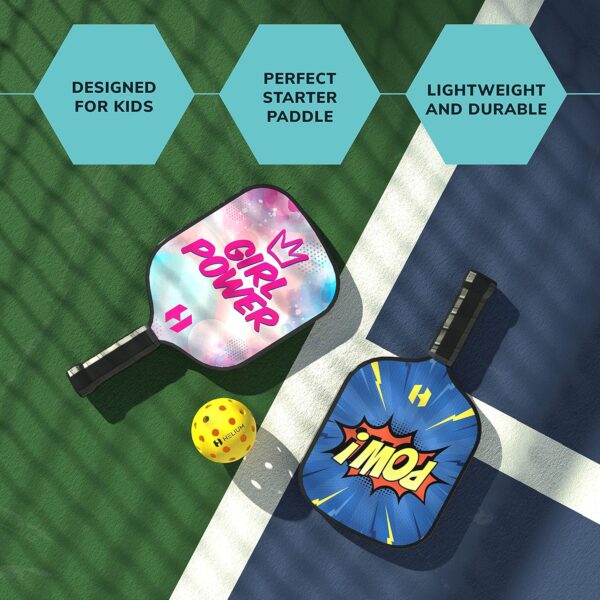 Helium Pickleball Paddle for Kids – (2 Pack - POW! and Girl Power) Child Size, Lightweight Honeycomb Core, Graphite Strike Face, Premium Comfort Grip, 2 Pickleball Paddles & 2 Drawstring Bags