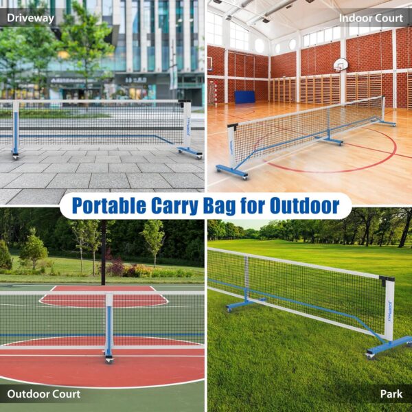 Portable Pickleball Net System with Lockable Wheels, Metal Frame Pickleball Court with LED Light, Regulation Size Net with Durable Carrying Bag, and 4 Pickleball Rackets.