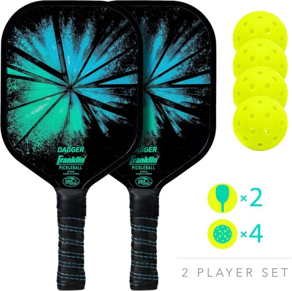 Franklin Sports Pickleball Paddle and Ball Set - (2) Dagger Fiberglass Rackets + (4) X-40 Balls - USA Pickleball (USAPA) Approved - 2 Player Set