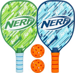 NERF 2 Player Pickleball Paddle Set - Youth Pickleball Equipment Set - (2) Wooden Paddles with Foam Grips + (2) Outdoor Balls for Kids - Carry Bag Included