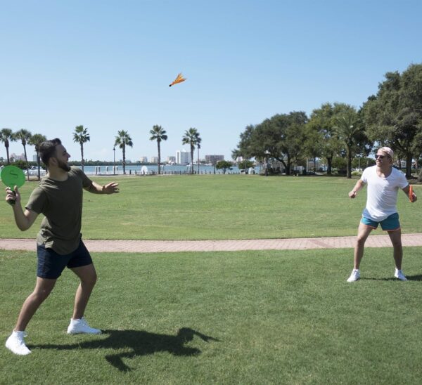 Funsparks Jazzminton Paddle Ball Game with Carry Bag - Indoor Outdoor Toy - Play at The Beach, Lawn or Backyard - 2 Wooden Racquets - 4 Shuttlecocks - 1 Ball
