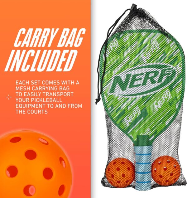 NERF 2 Player Pickleball Paddle Set - Youth Pickleball Equipment Set - (2) Wooden Paddles with Foam Grips + (2) Outdoor Balls for Kids - Carry Bag Included