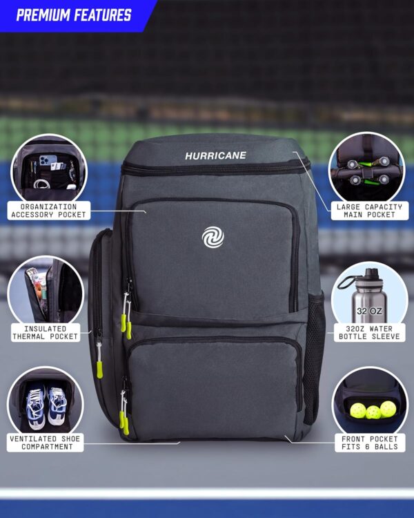 Pickleball Bag, Large Pickleball Backpack, spacious design with paddle storage, shoe compartment, thermal pocket, water bottle holder, fence hook. Ideal for all your pickleball gear