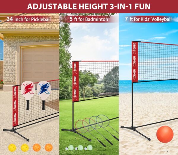 Badminton Sets for Backyards, Kids Volleyball Pickleball Combo Set with Net, Adjustable Width and Height (13.5ft/20ft Width x 7ft max Height) Portable Freestanding Rackets Set