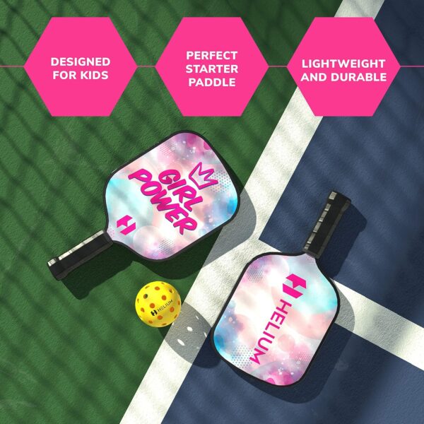 Helium Pickleball Paddle for Kids – Child Size for Children 12 and Under, Lightweight Honeycomb Core, Graphite Strike Face, Pickleball Paddle & Drawstring Bag - Girl Power