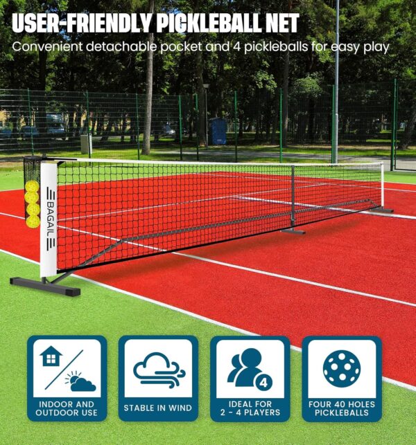 BAGAIL Portable Pickleball Net Set, 22 FT Regulation Size Pickle Ball Net with Ball Collector, Carry Bag, Easy Setup for Outdoor Indoor Driveway - Red