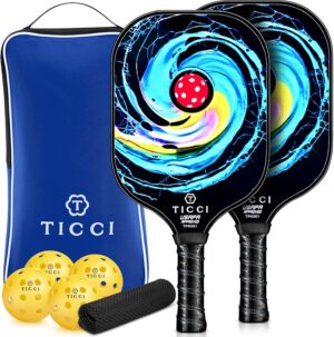 T TICCI Pickleball Paddles Set of 2, USAPA Approved Fiberglass Pickle Ball Paddles with 4 Pickleballs, Lightweight Rackets for Adults & Kids, Includes Carry Bag & Net Bag for Men, Women, Beginners,