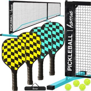 Homie Portable Pickleball Net Set with 4 Paddles, 4 Balls, Backpack Carrying Bag, 22 FT Regulation Size, Easy Setup for Outdoor Indoor, Weather Resistant Metal Frame