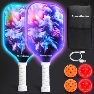 LED Light Up Pickleball Paddles Set of 2,2 Glow in The Dark Pickleball Paddles with Different RGB Color Lighting,2 Outdoor Balls,1 Carrying Bag,Pickleball Racket Gifts for Women Men