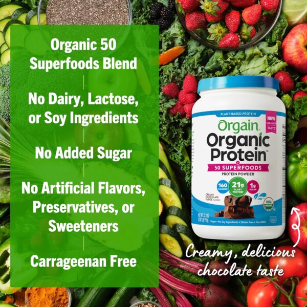 Orgain Organic Vegan Protein + 50 Superfoods Powder, Creamy Chocolate Fudge - 21g Plant Based Protein, 9g Prebiotic Fiber, No Lactose, Gluten Free, No Added Sugar, 2.02 lb (Packaging May Vary)